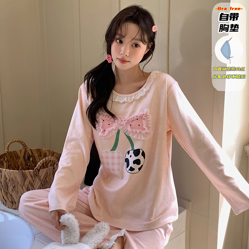 New Pajamas with Breast Pads, Pullover Lace, Autumn and Winter Women's Cashmere Silk Sweet Home Clothes Set to Reduce Age