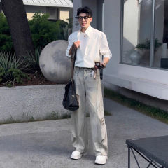 假两件白色防晒衬衫男款夏季小众不撞款穿搭冰丝立领套头长袖衬衣
