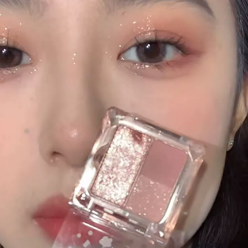 Eyeshadow Duo, pink–purple shiny palette, sequin finish, handheld compact