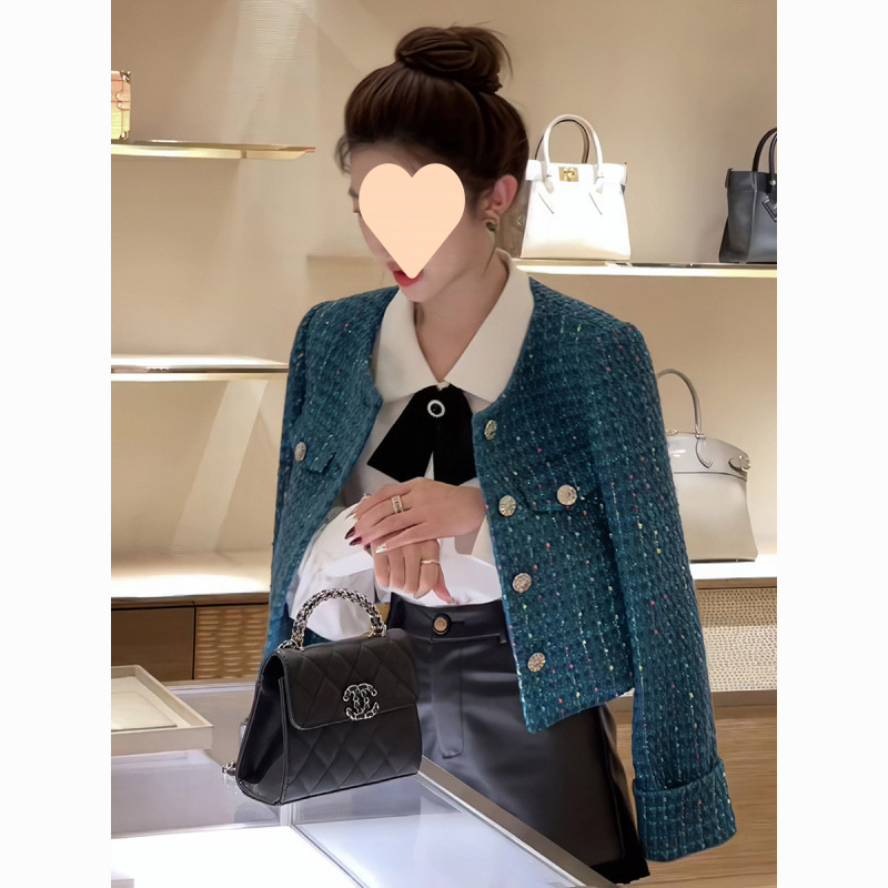 French Style Chanel Style Blue White Short Coat Women's 2024 Autumn and Winter New High-end Fashion Elegant Tweed Top