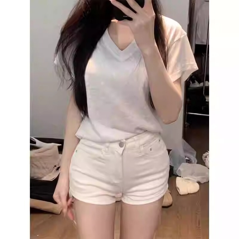 White High-Waisted Slim-Fit Denim Shorts for Petite Women, Summer Slimming Versatile Straight-Leg Hot Pants, Trendy on Instagram