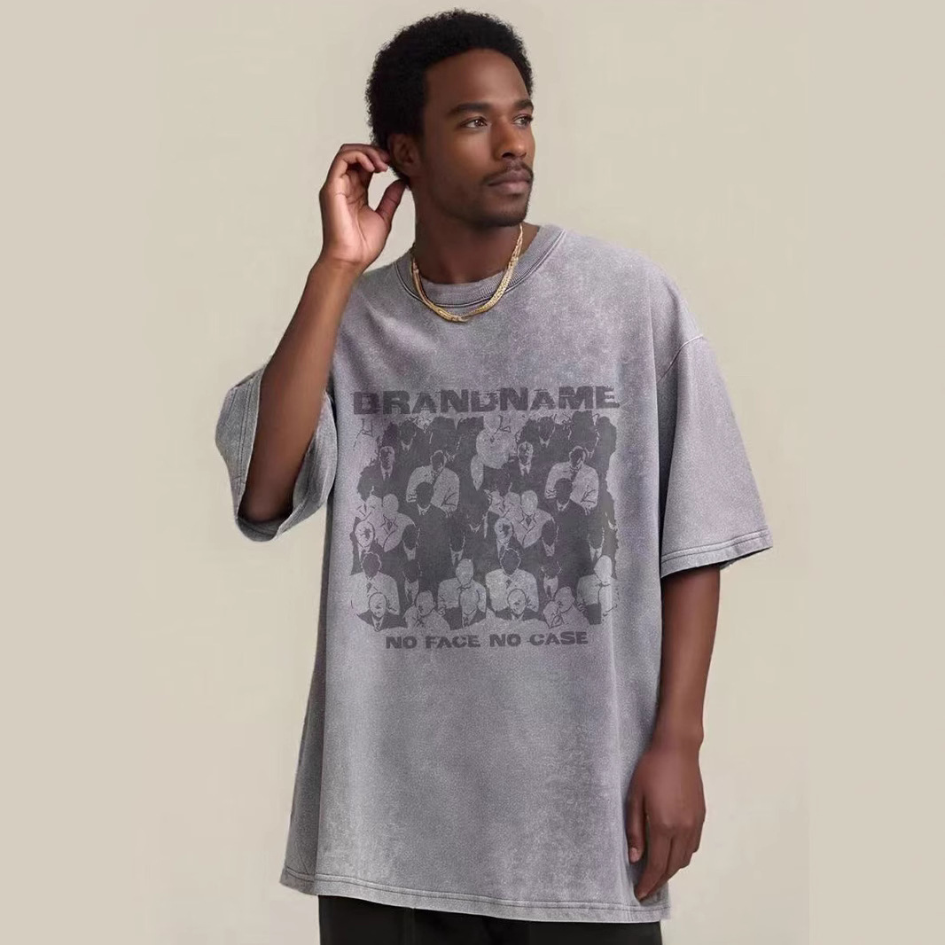 2025 transfronterizo pesado camiseta de manga corta hombre lavado retro cuello redondo suelto estilo hip-hop americano camisa de hombro en la moda