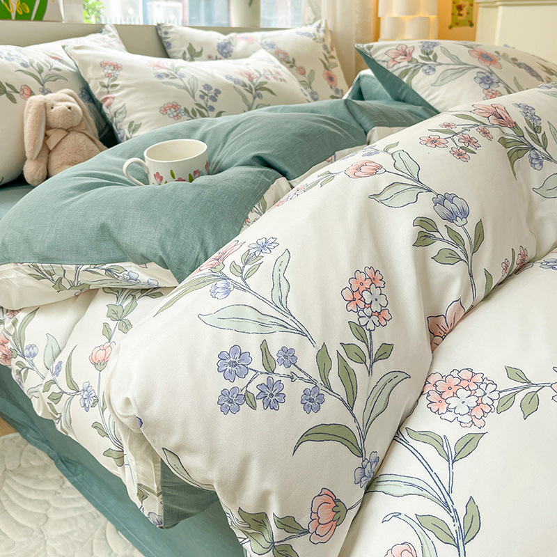 Algodón de cuatro piezas de ropa de cama de algodón 2025, nuevo edredón de flores frescas, sábanas de dormitorio de tres piezas de cuatro estaciones