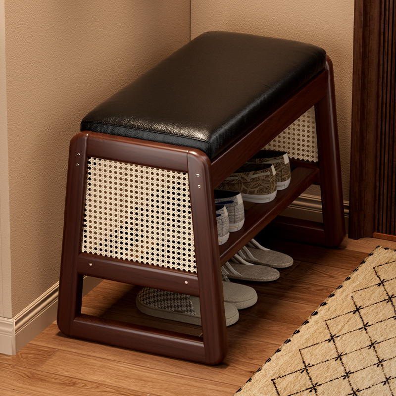 Taburete de zapatos de madera sólida de caña trenzada en la puerta de cambio de zapatos para el hogar, gabinete de zapatos para sentarse, paquete flexible multifuncional, taburete de tiras largas ampliadas