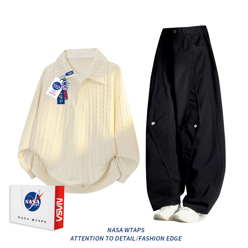 NASA ABOUT美式假两件polo衫卫衣牛仔裤套装男款秋季潮休闲两件套|undefined