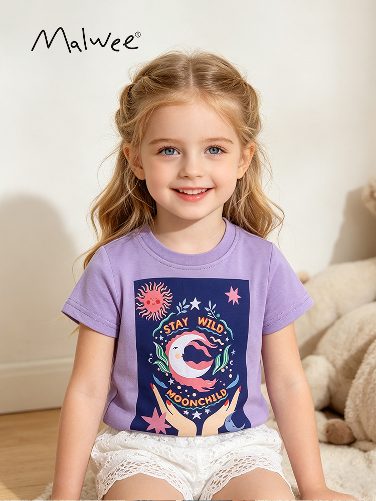 Malwee transfronterizo nueva camiseta infantil de mangas cortas niñas suave piel europea y americana dibujos animados casuales para niños de mediana edad chaqueta de verano