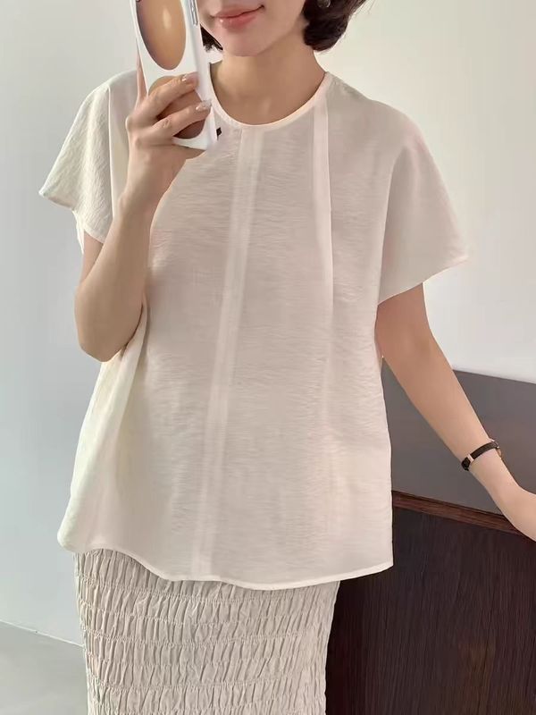 韓国*egg2025夏スタイル蓮の葉スリーブシフォンレースアッププリーツ半袖シャツ女性用|undefined