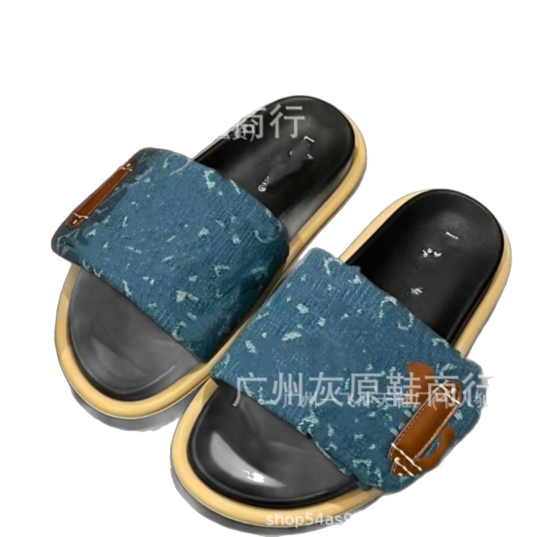 Burro casa zapatillas de velcro de suela gruesa mujer 2024 nuevo estilo exterior moda antideslizante mezclilla letras chanclas comercio exterior