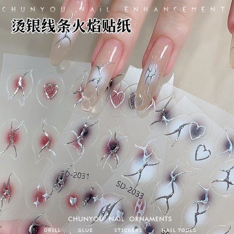 New Hot Silver Line Flame Nail Art Sticker Metal Hot Silver Mirror Irregular Sticker Hot Nail Sticker