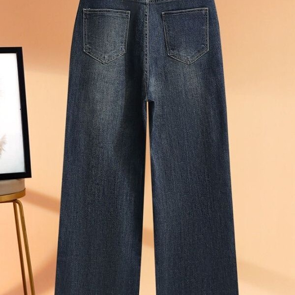 Cement Gray Autumn and Winter Fleece-Lined Thickened Narrow Wide-Leg Jeans for Women, High-Waisted, Drapey, Loose Straight-Leg Floor-Length Pants