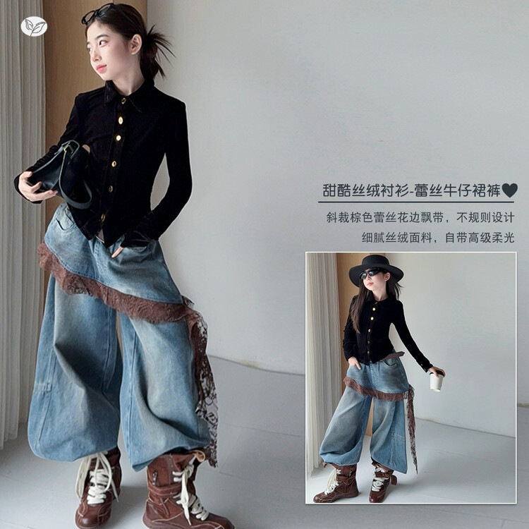 New autumn collection for girls: Korean-style velvet shirt with lace trim, paired with wide-leg denim pants – a trendy outfit for older girls New autumn collection for girls: Korean-style velvet shirt with lace trim, paired with wide-leg denim pants – a trendy outfit for older girls