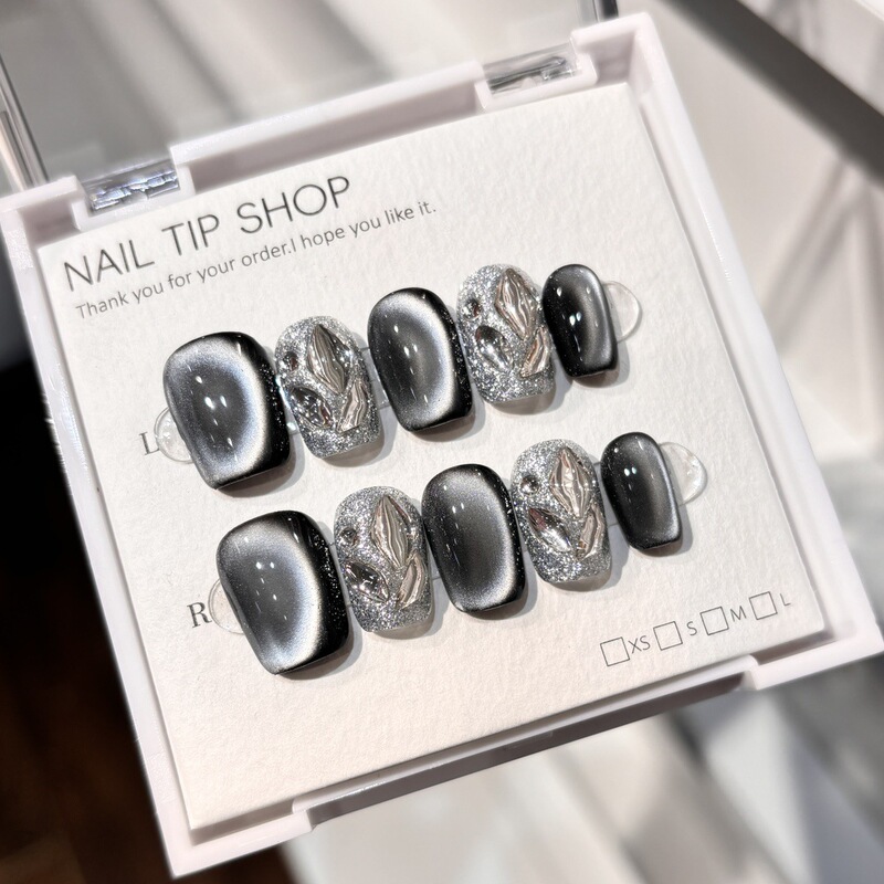 [Attractive] pure hand-worn armor temperament cat's eye broken diamond short high-grade nail patch fake nails finished