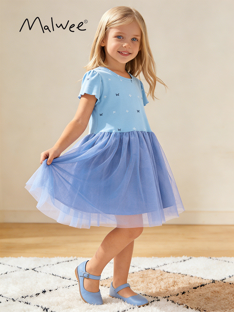 Malwee transfronterizo vestido de princesa infantil de verano nuevo estilo europeo y americano niño de cuello redondo de manga corta vestido encantador