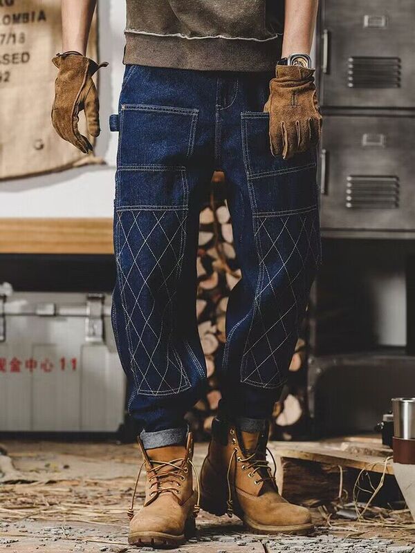 American Retro Workwear Jeans for Men, Autumn Trendy Brand, Loose Topstitch Double-Knee Logging Straight Pants for Men