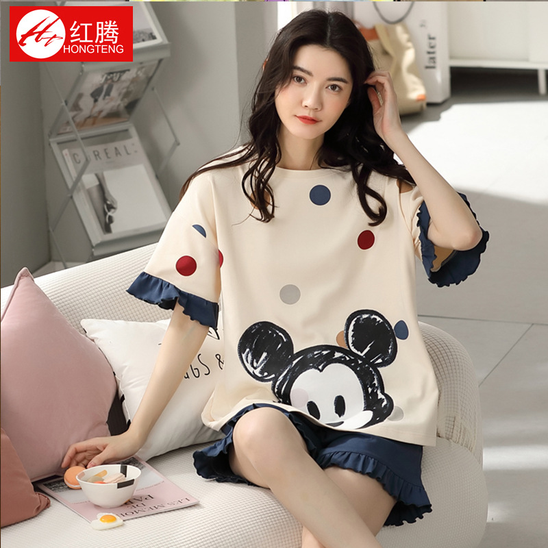 夏季新款棉质睡衣女卡通短袖短袖套 ins圆领宽松女士家居服A66338|ru