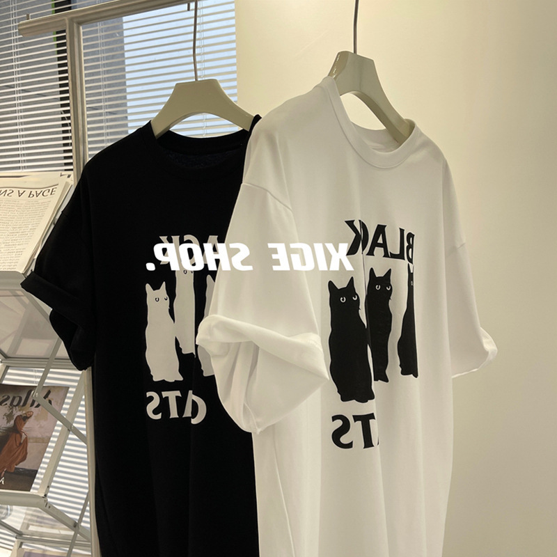 American Retro Cat Print Short-Sleeved T-Shirt for Women Summer New Loose Large Size Design Half-Sleeved T-Shirt Top