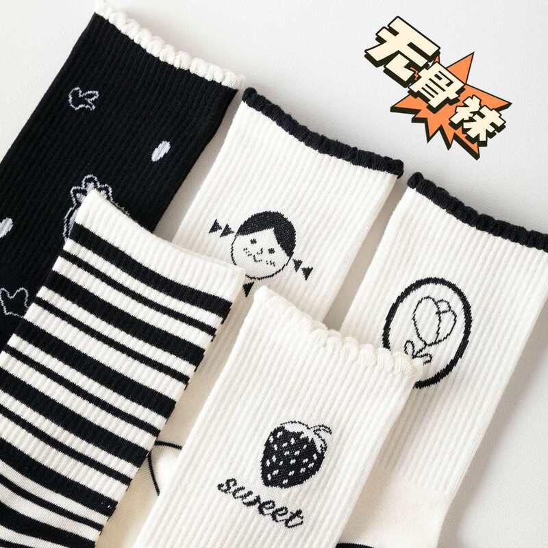 Hand-made boneless cartoon socks for children's mid-tube sweat-absorbent combed cotton Japanese-style sweet academic style heaped stockings