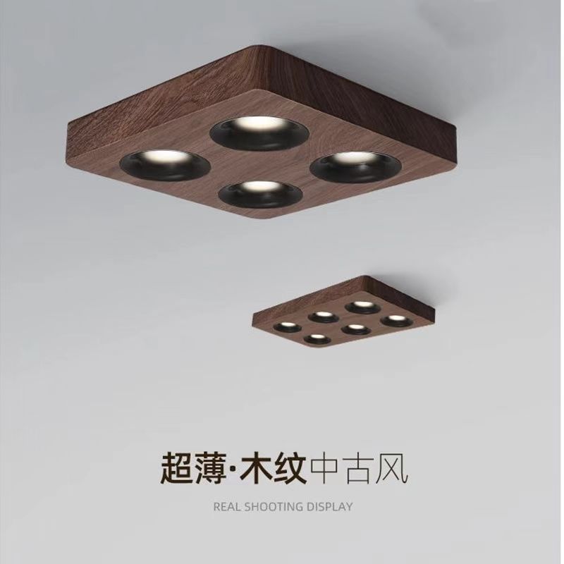 Medieval Style Downlight, Surface-Mounted Bold Lamp, Retro Walnut Wood Grain Living Room Ceiling Lamp, No Main Light, Bedroom Spotlight