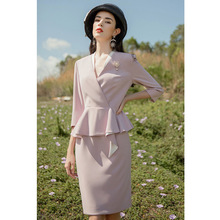 春秋紫色V领遮肚子显瘦连衣裙气质播音主持女裙美容院前台工作服