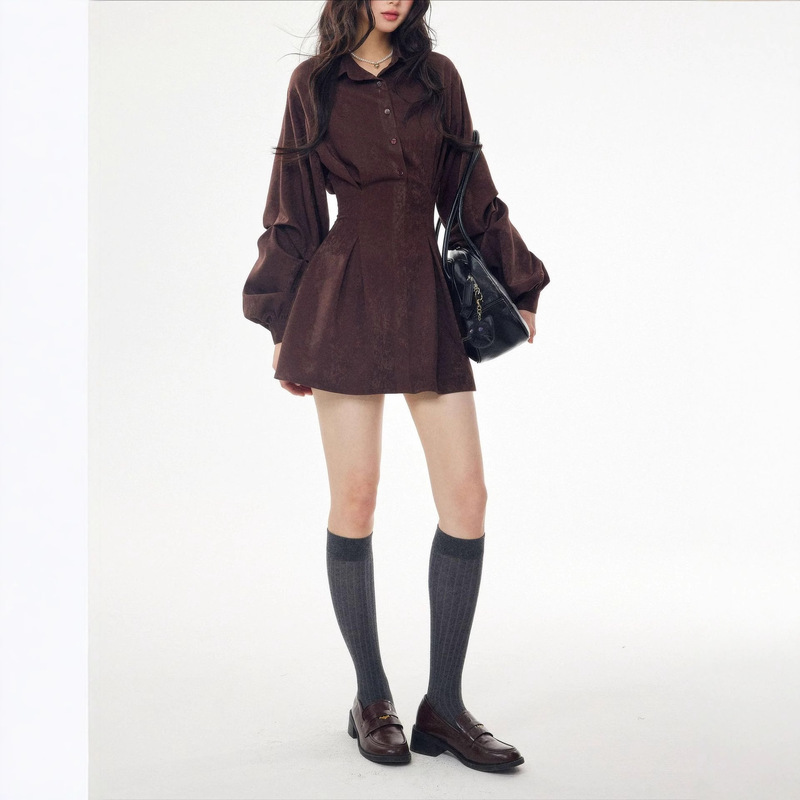 Muur French Sexy Brown Long-Sleeved Shirt Dress Elegant Waist Dress Short Women's Autumn and Winter Skirt Short Skirt