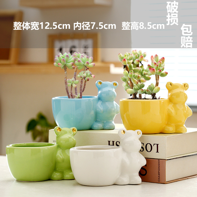 Macetas de cerámica para suculentas con diseño de animales de dibujos animados, pequeño tamaño, para estante de flores en casa, suministro al por mayor