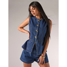 wish亚马逊跨境外贸时尚潮牌套装现货代发批发无袖牛仔短裤两件套