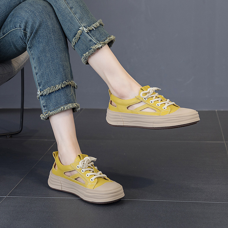 Genuine Leather Hollow-Out Fashion Closed-Toe Sandals for Women, Thick-Soled, Breathable Perforated Shoes, Flat Lace-Up Casual Sneakers, Spring 2026