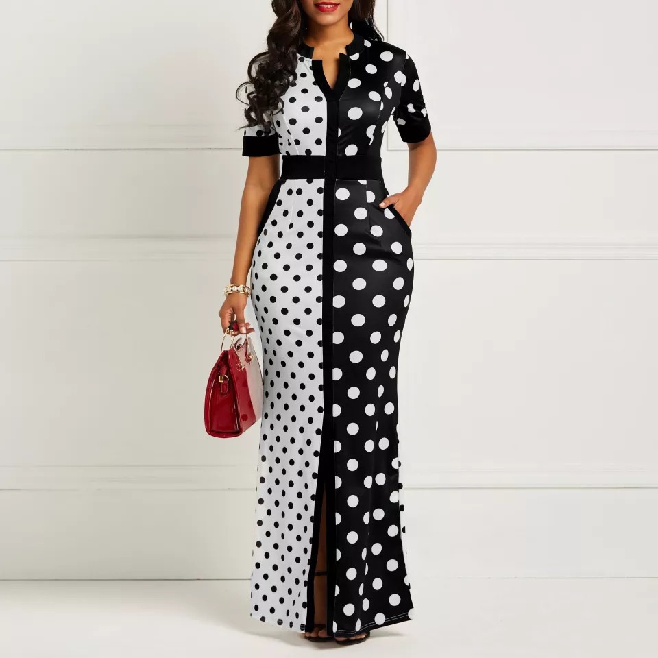 European and American new cross-border new polka dot dress for women black and white polka dot patchwork waist slimming dress_mkmklike.com