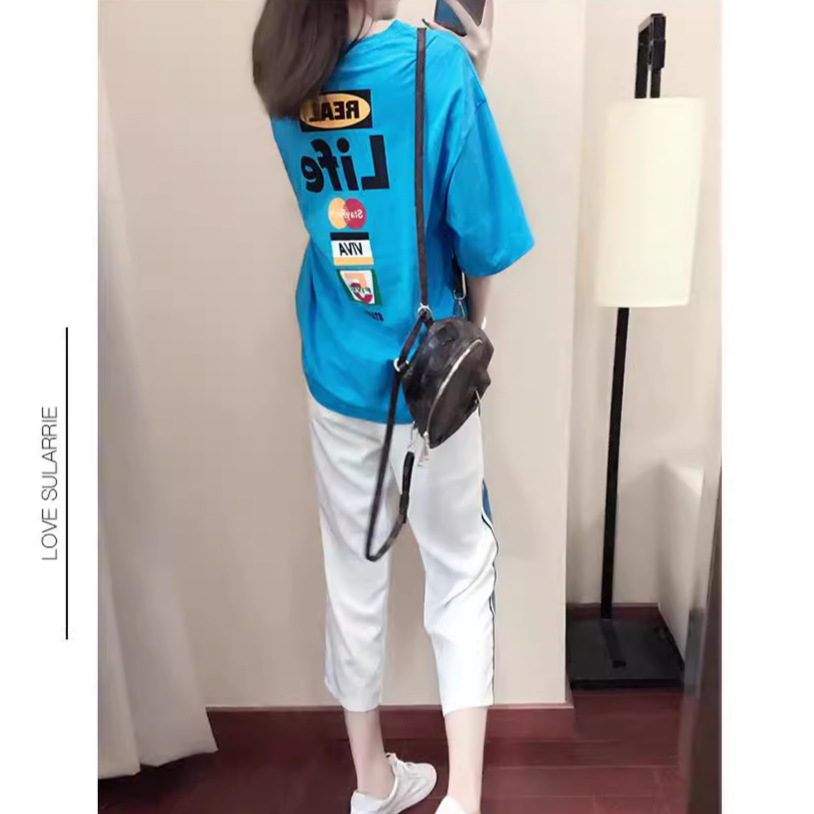 Summer Sports Women's Loose Casual Comfortable Printed Short Sleeve T-Shirt Color Block Jogger Nine-point Pants_voghion.com
