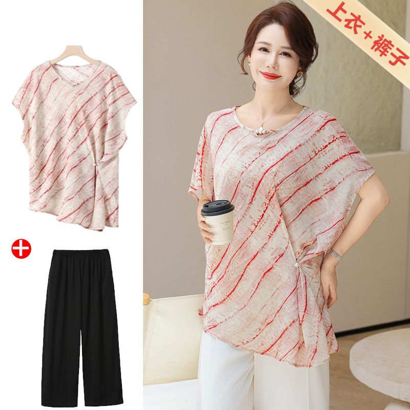 Trendy Mom-Style Striped Thin Short-Sleeve Top and Pants Set Summer New Lightweight for Middle-Aged and Elderly Women