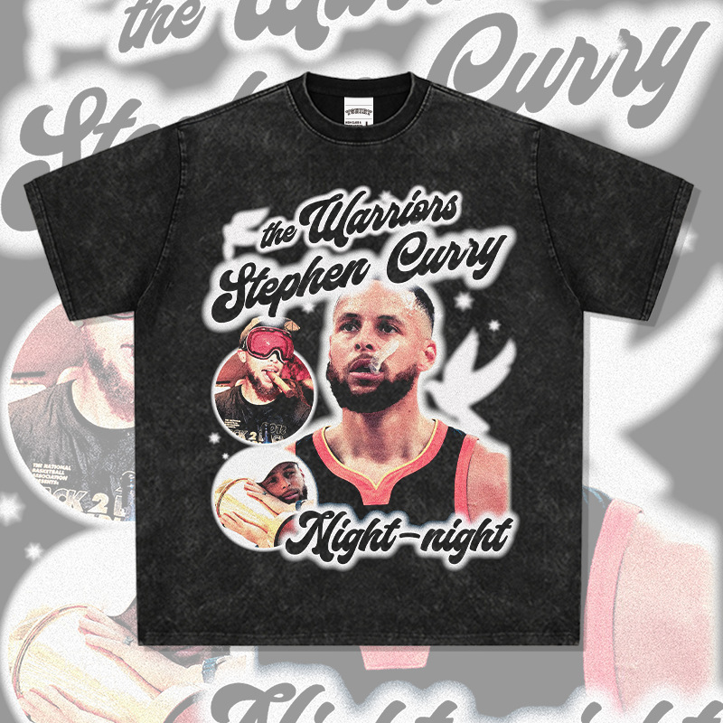 Cross-border Curry Printed American-style High Street Long-sleeved Short-sleeved T-shirt Washed Old Heavy Small Collar Trendy Brand Cross-border Curry Printed American-style High Street Long-sleeved Short-sleeved T-shirt Washed Old Heavy Small Collar Trendy Brand