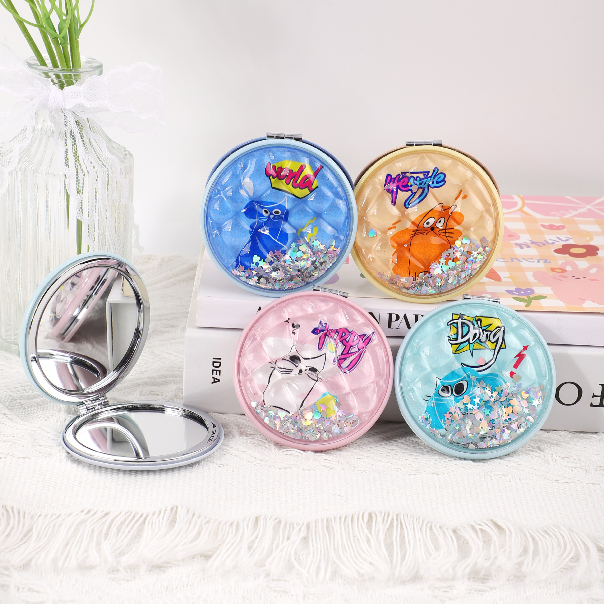 Moda creativa, gran círculo, pantalla completa, espejo de maquillaje de arenas movedizas, espejo pequeño, espejo portátil, belleza