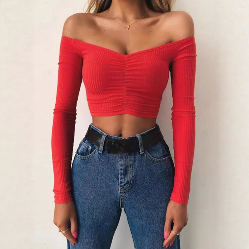Short One Collar Crop Top with Exposed Navel Short Long-Sleeved Crop Top