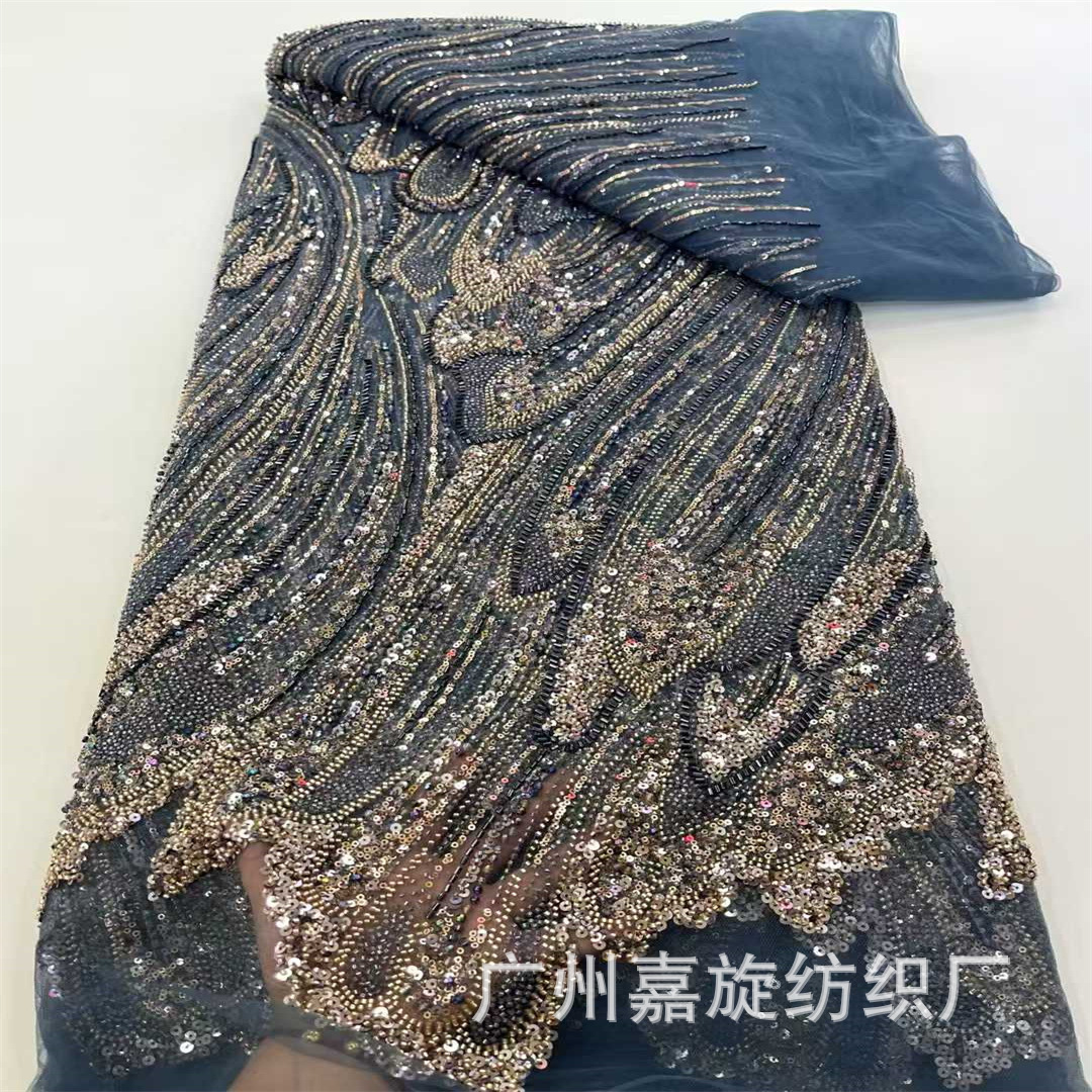 Tela de malla degradada con lentejuelas y cuentas para vestido de tubo largo a rayas, tela de encaje con cuentas para disfraz de escenario de moda