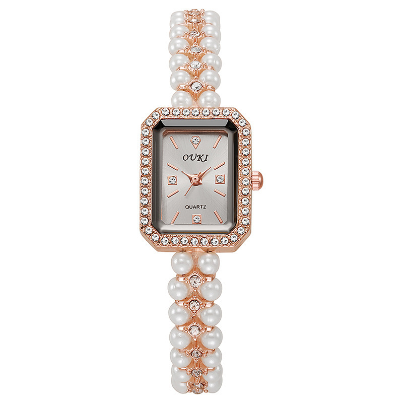 OUKI reloj de pulsera de perlas de fragancia pequeña de mediana edad temperamento de mujer reloj de cadena de moda de nicho oro