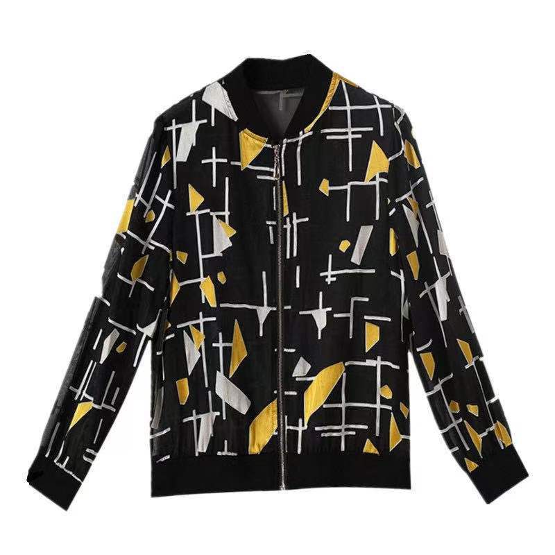 シフォン夏日焼け止め野球服レディース長袖2023春秋ゆるいカーディガン上着プリントジャケットショートコート