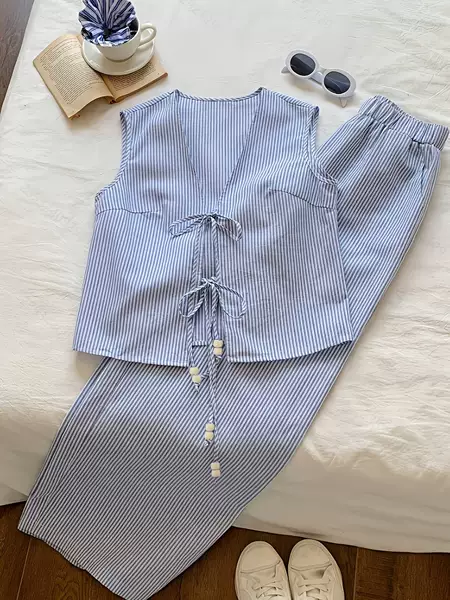Cross-Border European and American Style Popular Women's Casual Everyday Striped Sleeveless Tie-Up Top and Loose Wide-Leg Pants Set