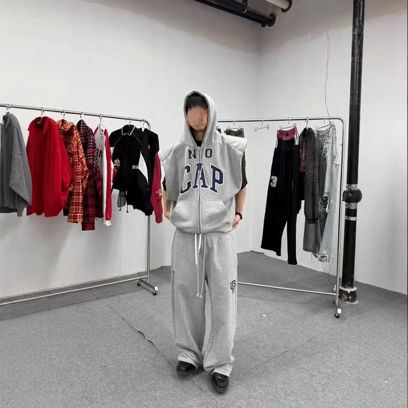 Grailz Project バイブ チョッキ シルエット ノースリーブ 肩パッド フード付き ベスト ジッパー スウェットシャツ ベスト パーカー|undefined