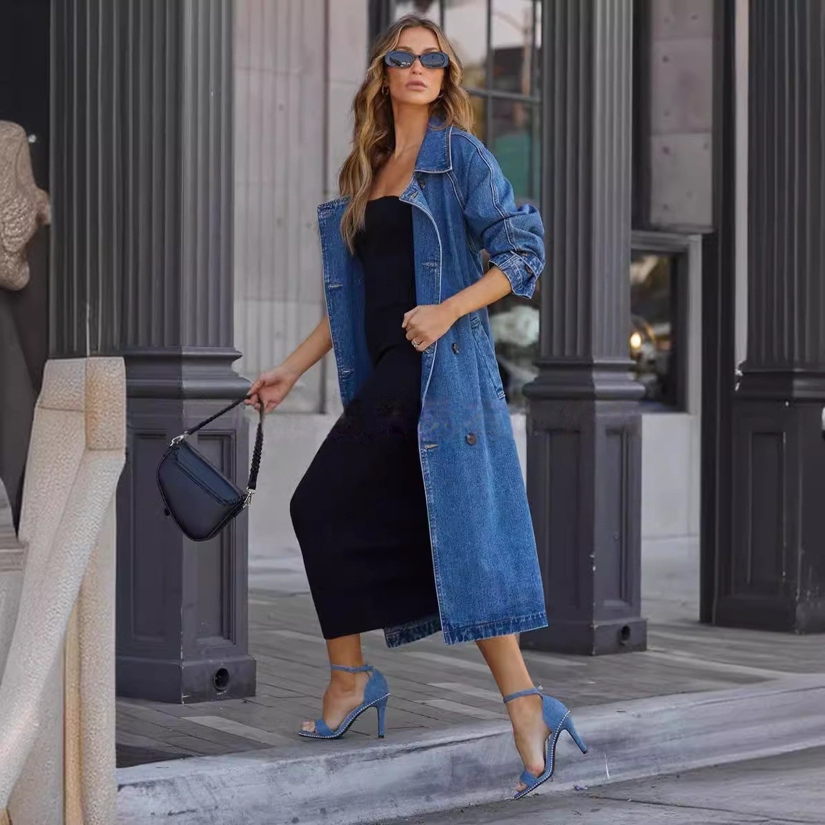 European and American Cross-Border Ins New Autumn and Winter Women's Trench Coat, Denim Cotton Solid Color Double Pocket Long Buttoned Loose Jacket