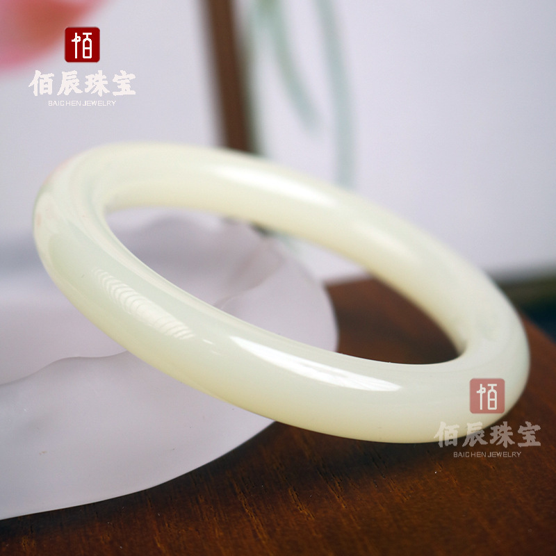 Imitation Hetian Jade White Emulsified Glass Fat Round Bar Bracelet Outer Mongolia Material Resin Bulletproof Thick Round Bar Bracelet Anti-Fall