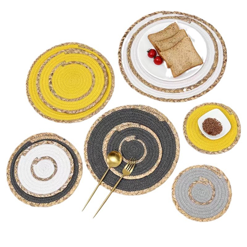 Alfombrilla para mesa redonda de estilo japonés tejida a mano de hierba de calabaza - Alfombrilla aislante térmica, cuerda de algodón, combinación doble, alfombrilla para mesa occidental - Producto transfronterizo