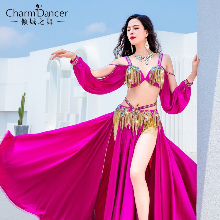 Qingcheng Dance 2024 New Belly Dance Performance Dress Satin Tassel Large Swing Dress Competition Team Performance Dress