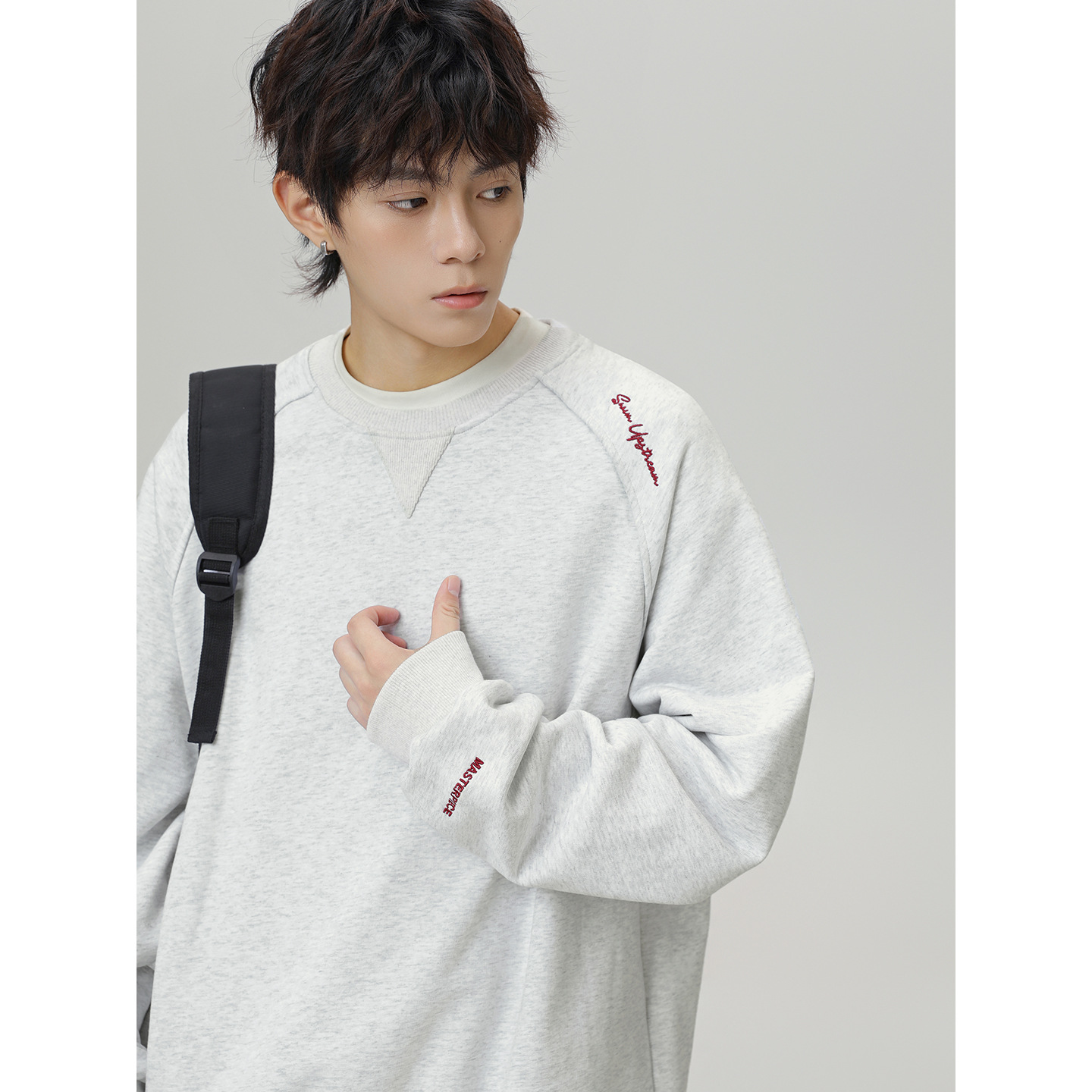 潮牌撞色字母刺绣重磅圆领卫衣男秋款分割结构套头衫宽松廓形外套