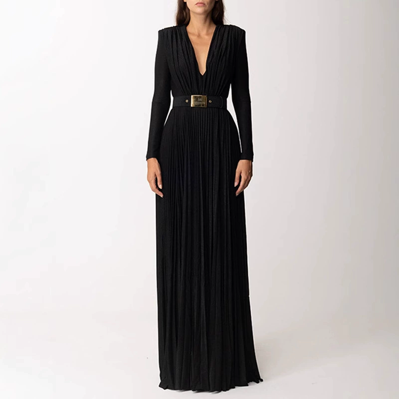 Длинное платье вечернее платье с длинным рукавом V-образным вырезом из сплошного цвета