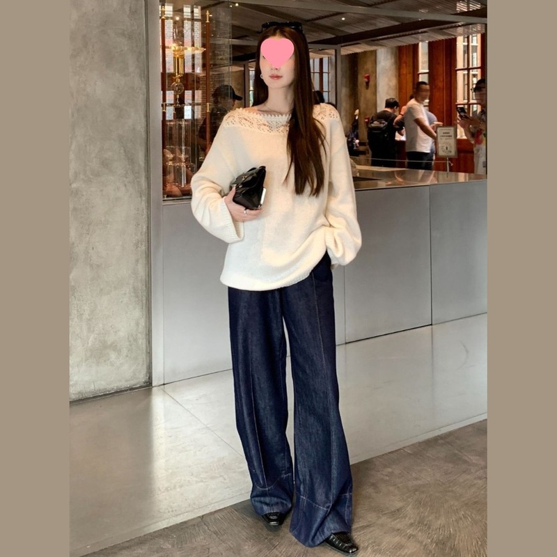 一字领镂空花边针织衫女秋冬新款洋气宽松大码慵懒风长袖毛衣上衣|undefined