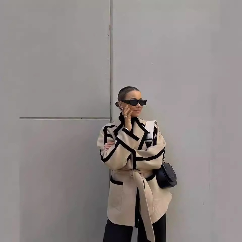 Damenbekleidung leichter Luxus 2024 Herbst und Winter neues Temperament Freizeit doppelseitiger Wollmantel mit Schnürung Kontrastfarbe mittellang_voghion.com