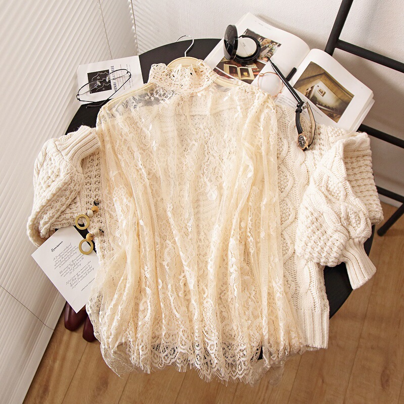 Eyelash Lace Base Shirt Women's New Fairy Mesh Gauze Fashion Hollow Inner Stylish Small Shirt Top Women Eyelash Lace Base Shirt Women's New Fairy Mesh Gauze Fashion Hollow Inner Stylish Small Shirt Top Women