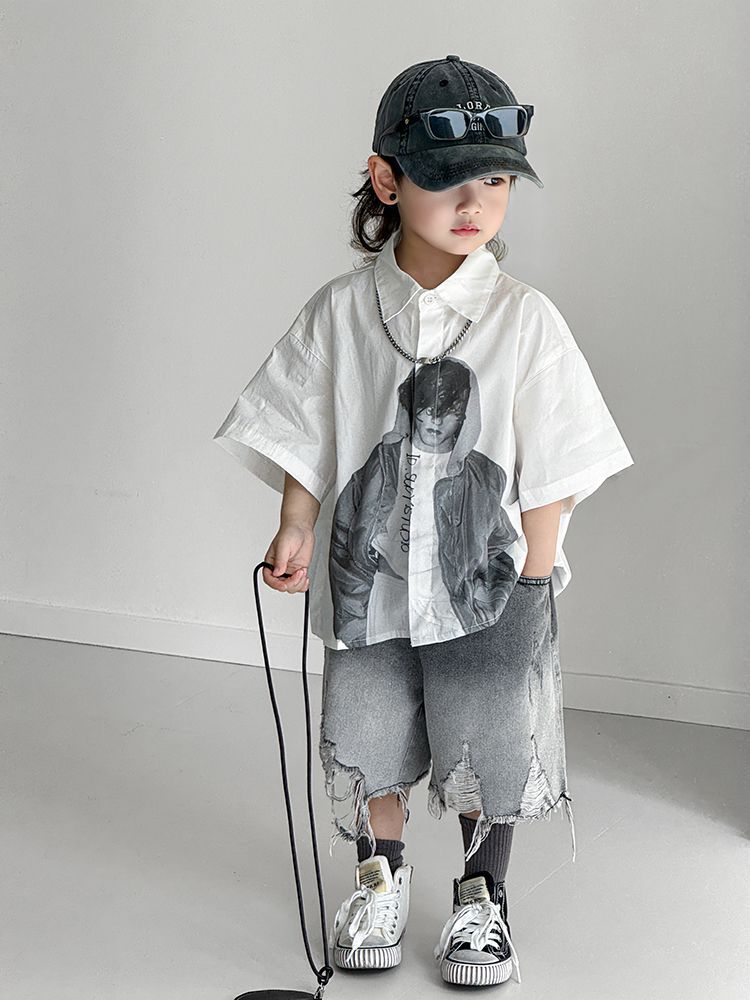 森系男童夏季衬衫套装2025新款洋气韩版儿童痞帅短袖牛仔裤两件套