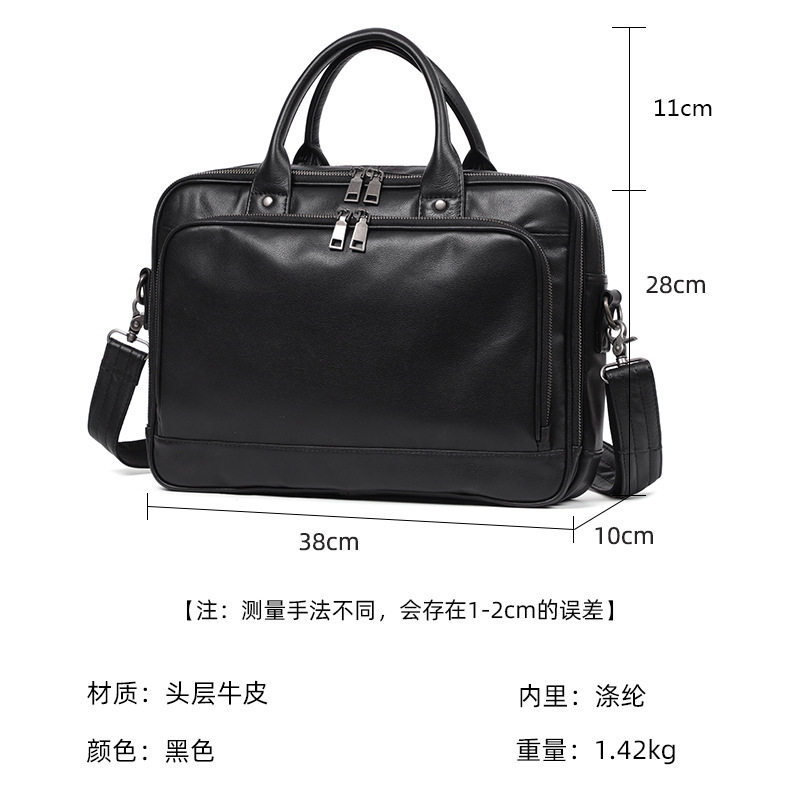 Túi xách nam da bò mềm lớp đầu tiên, túi du lịch da thời trang kiểu mới, túi công sở đựng laptop 14 inch — Màu đen chi tiết 12