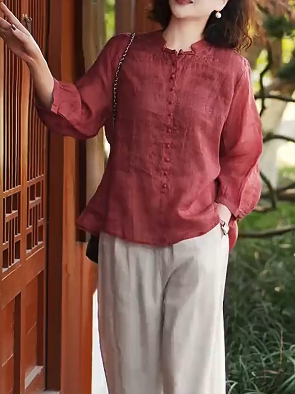 早秋清爽通勤穿搭上衣法式轻熟高级感不撞款洋气红色遮肉显瘦衬衫|undefined